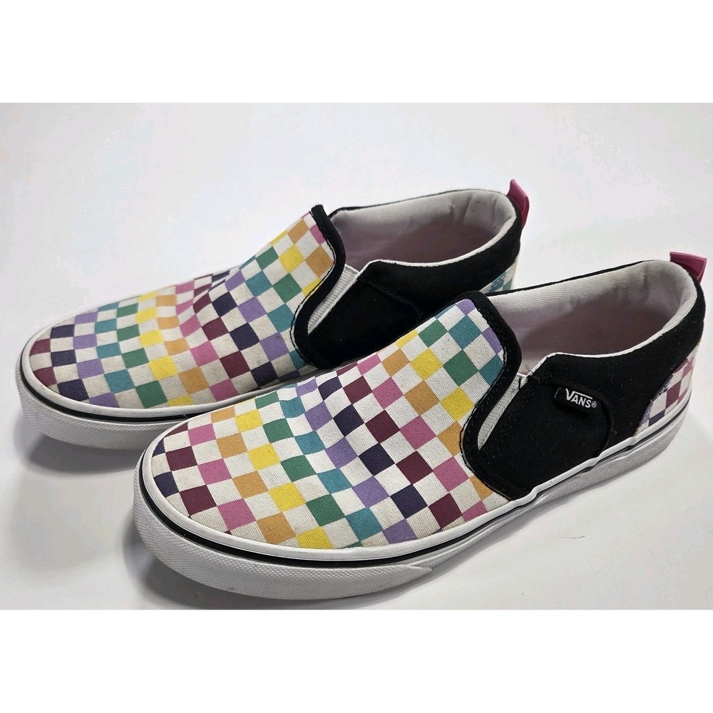 Vans Asher Slip-On Rainbow Checkerboard Black/Pink Youth Missy 6.0 Women's 7.5